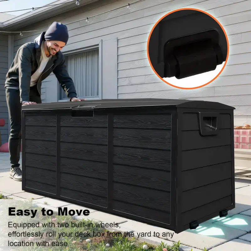 75-Gallon Black Outdoor Storage Box with Handles and Wheels, Large Deck Furniture Cabinet for Pool