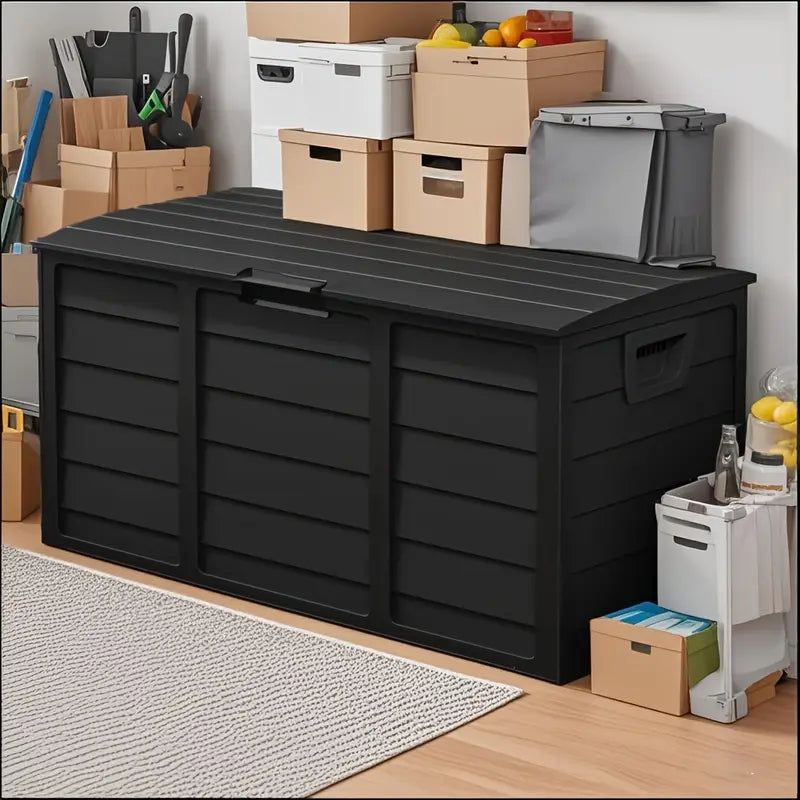 75-Gallon Black Outdoor Storage Box with Handles and Wheels, Large Deck Furniture Cabinet for Pool