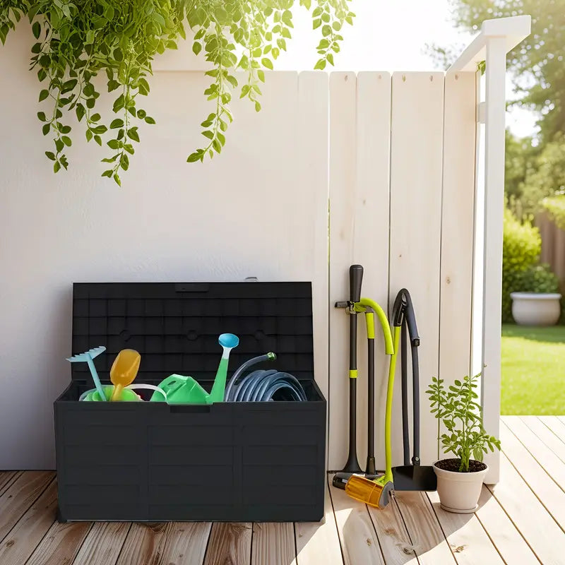 75-Gallon Black Outdoor Storage Box with Handles and Wheels, Large Deck Furniture Cabinet for Pool