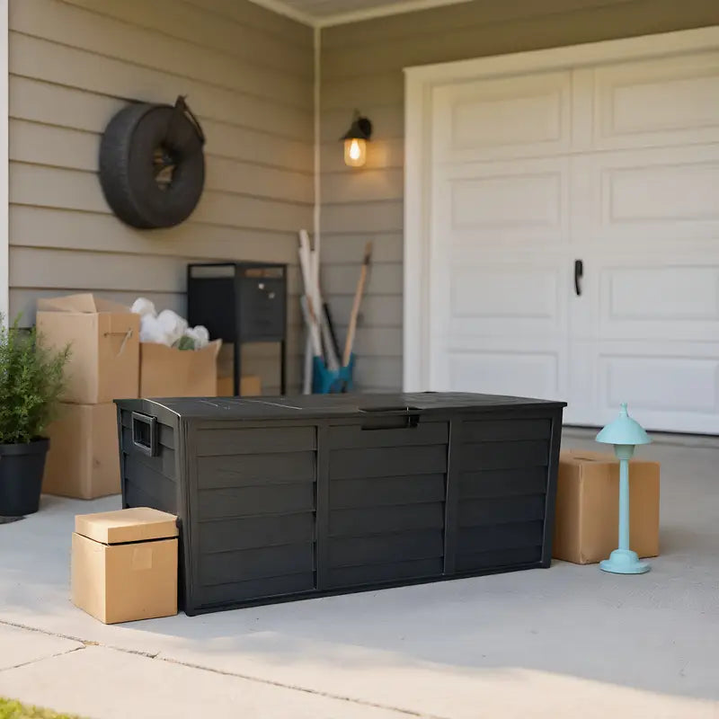 75-Gallon Black Outdoor Storage Box with Handles and Wheels, Large Deck Furniture Cabinet for Pool
