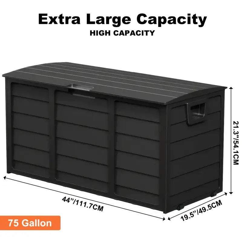 75-Gallon Black Outdoor Storage Box with Handles and Wheels, Large Deck Furniture Cabinet for Pool
